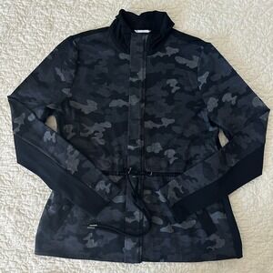 Cabi Jacket Women's Large Black Camo Zip Funnel Neck Cinch‎ Waist Style 3911
